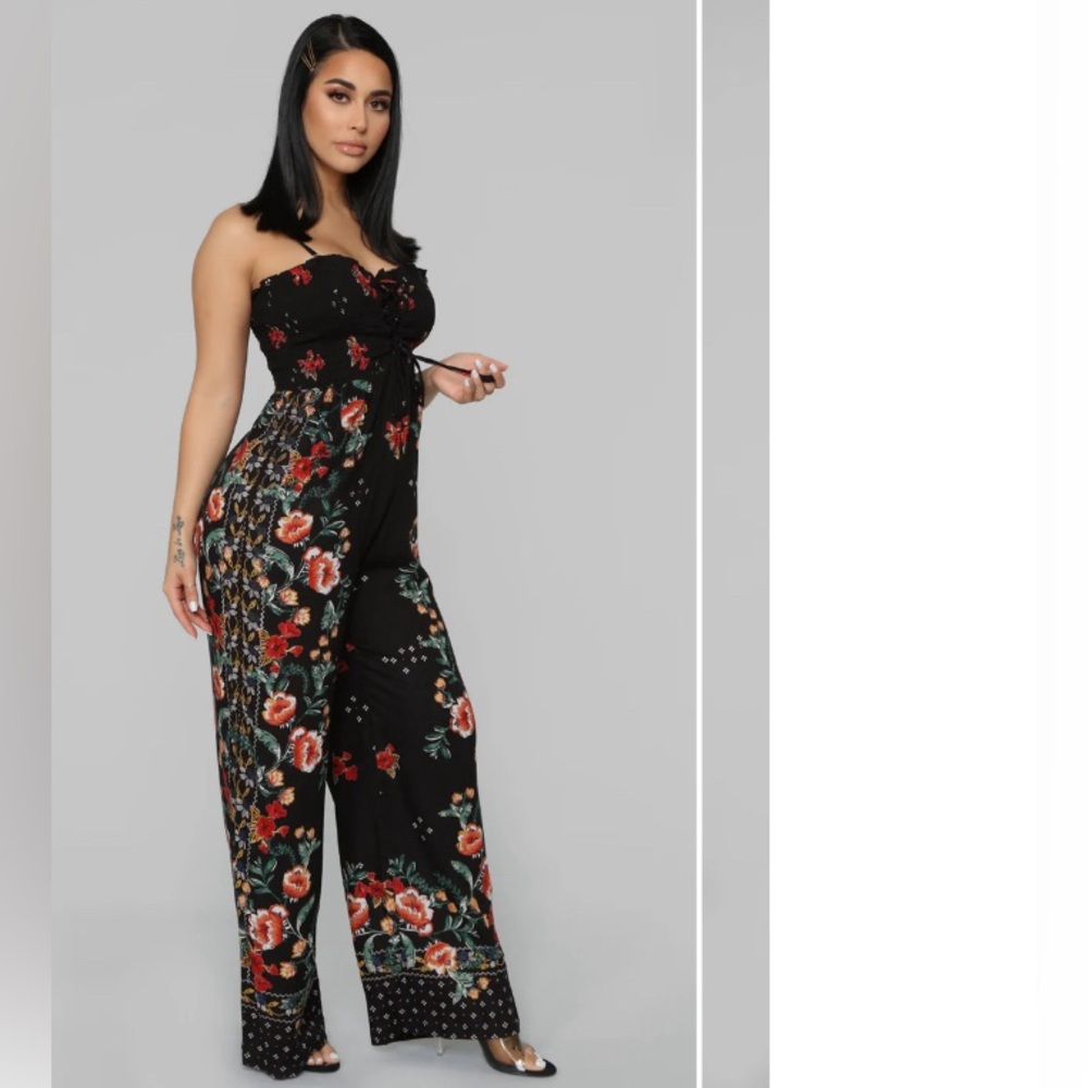 Boho Floral Ruched Bust Pockets Jumpsuit Size Small
